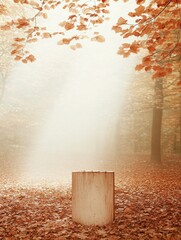 Poster - Serene Autumn Forest with Tree Stump and Sunlight Beams - Ideal for Fantasy Book Covers