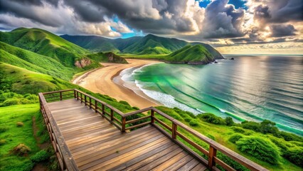 Wide view of lush green mountains meeting a sandy beach, with a wooden terrace overlooking the sea on a cloudy summer day