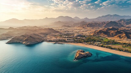 Wall Mural - Aerial View of a Coastal City Nestled Between Majestic Mountains and the Azure Sea