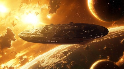 Fototapete - A sleek, futuristic spacecraft glides through the cosmos, illuminated by radiant suns and surrounded by distant planets. The colorful backdrop of space creates a stunning visual atmosphere.