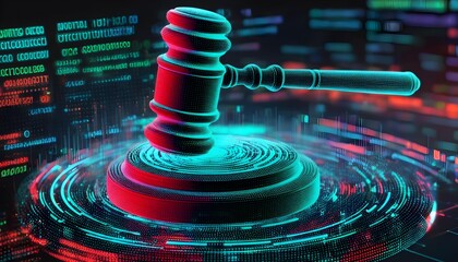 Digital gavel striking virtual bankruptcy documents in a futuristic legal landscape