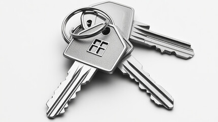 A set of house keys with a house-shaped keychain, shown against a plain white background.