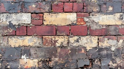 Wall Mural - A textured brick wall with various colors and wear.