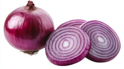 Wall Mural - A red onion, whole and sliced, is shown against a white backdrop.