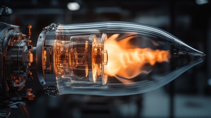 Poster - A rocket engine ignites, producing a bright orange flame that is visible through a clear, cylindrical housing. The engine is connected to a larger structure, which is partially obscured by the flame.