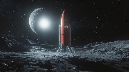 Poster - A rocket stands majestically on the moon's surface illuminated by a bright celestial body. The lunar landscape is barren, showcasing craters and dust as stars twinkle in the backdrop.