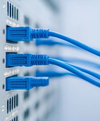 Poster - Close-Up Image of Network Cables Connected to Server Rack with Glowing Lights in a Modern Data Center