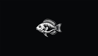 Keyhole Cichlid Fish, Circular Design, Black Background, White Outline, Distinctive Marking Illustration, Detailed Aquatic Art