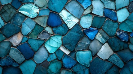 Sharp sea glass mosaic, rugged and irregular, mirroring the harsh beauty of the coast, rich pops of turquoise and deep blue dancing across the surface