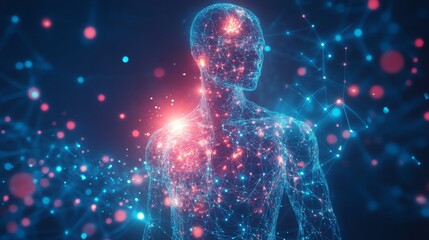 Poster - A digital rendering shows a human figure composed of interconnected lines and glowing points, creating a vibrant network of light