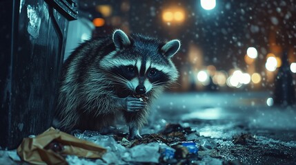 A raccoon scavenges through trash in a snowy urban setting at night.