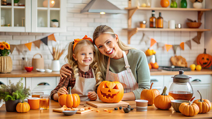 Happy Family, Mother and daughter cooking festive fare in the kitchen. Having fun at home. Halloween concept