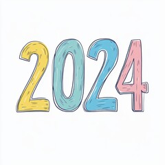 Poster - artwork features numbers 2024 designed with a flat style and pastel colors, set against a clean white background, ideal for welcoming new year