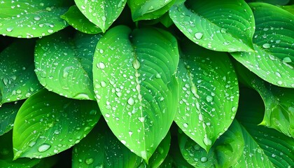 Canvas Print - Lush green leaves adorned with glistening dew droplets, capturing the essence of natures freshness and intricate details