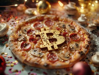 Festive pizza topped with Bitcoin symbol, cryptocurrency and holiday decorations, playful food and digital currency mix
