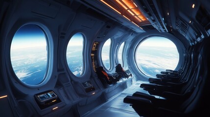Poster - The interior of a high-tech spacecraft features sleek seating and multiple large windows, offering breathtaking views of Earth. The ambient lighting sets a serene atmosphere as we float in orbit.
