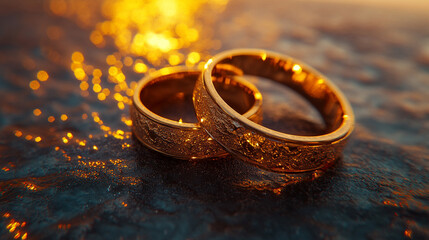 close-up shot of two gold wedding rings resting on textured fabric, symbolizing eternal love, commitment, and the sacred bond of marriage, highlighting the timeless significance of union