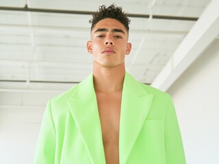 Poster - Minimalistic Fashion in Modern Newsroom Young Hispanic Man in Lime Green Attire