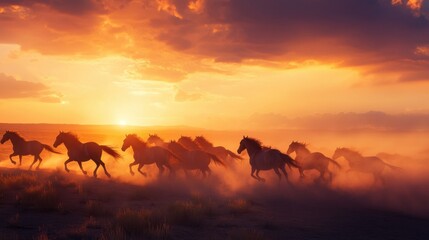 Wall Mural - Wild Horses Galloping in a Stunning Sunset Scene