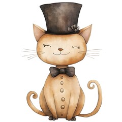 Canvas Print - Watercolor Illustration of a Cute Cat Wearing a Top Hat and Bowtie.