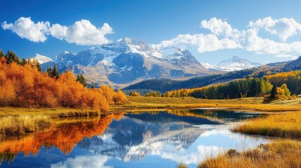 Wall Mural - Autumn Mountain Landscape with Reflective Lake