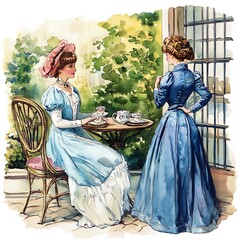 Two Women in Elegant Dresses Enjoying Afternoon Tea in a Garden Setting.