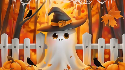 Wall Mural - A cute ghost wearing a witch hat stands in front of a white picket fence with pumpkins and crows in an autumn forest.