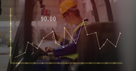 Poster - Animation of financial data processing over asian worker using lift truck in warehouse