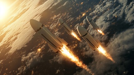 Aufkleber - Four rockets ascend into the evening sky, leaving fiery trails as they break free from Earth's atmosphere. The backdrop features clouds illuminated by the sunset, creating a dramatic view.