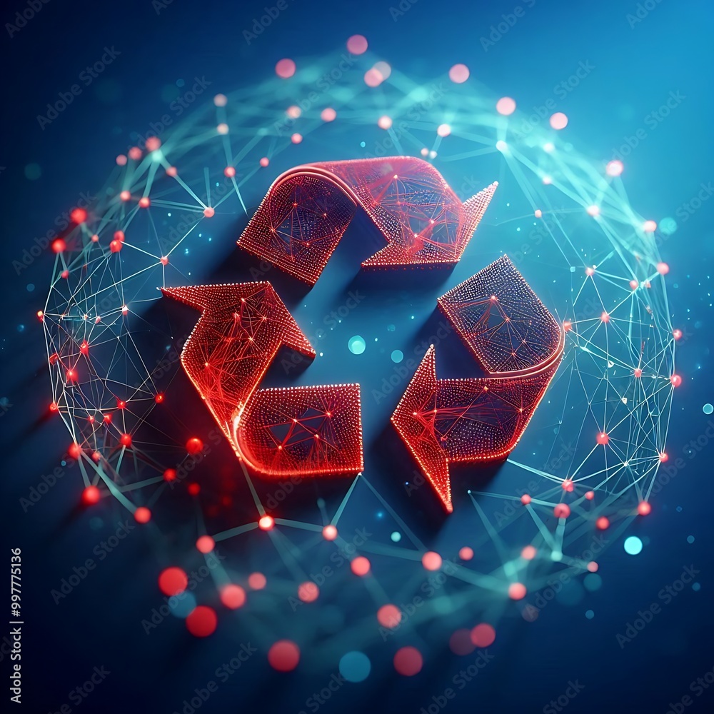 Red recycle logo with connected line and dot on dark blue background ...