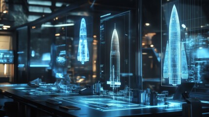 Poster - A control room with a sleek, futuristic design features holographic displays of rockets. The rockets are depicted as wireframe models with glowing blue lines, indicating their intricate design.