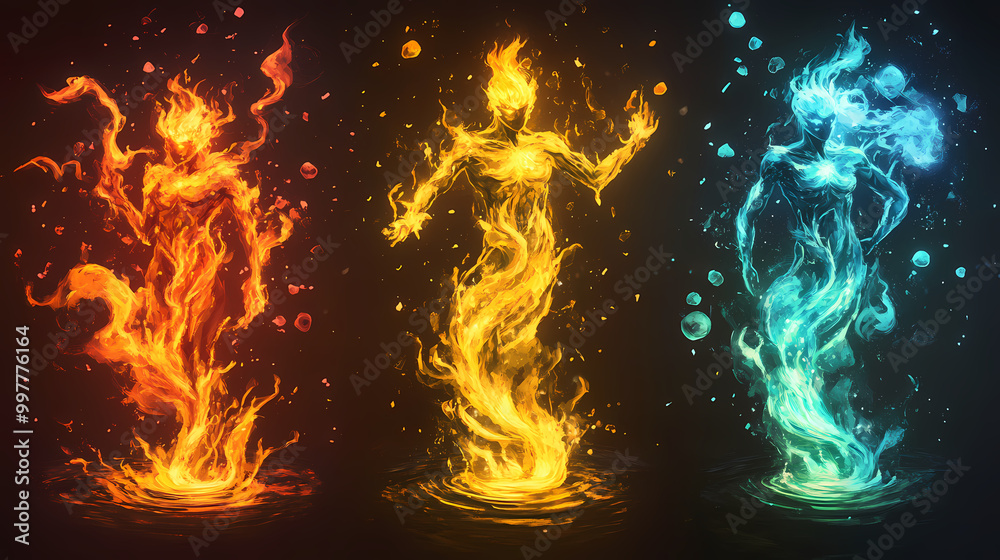 Sprites illustrating elemental concepts of fire, earth, and water. Fire ...