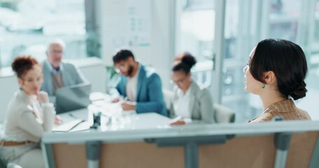 Poster - Business woman, whiteboard and presentation with team for meeting, planning or brainstorming at office. Female person or speaker talking to group of employees for proposal or speech at workplace