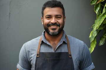 Poster - A man in a blue shirt and apron smiles at the camera.