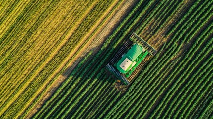 Aerial View of Tractor Harvesting Crops in Lush Green Farmland