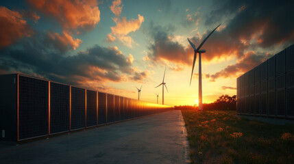 Wind turbines paired with Li-ion batteries, capturing and storing wind energy for consistent renewable power