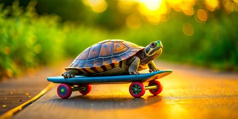 A cheerful turtle glides effortlessly on a bright skateboard, surrounded by lush greenery and colorful flowers,