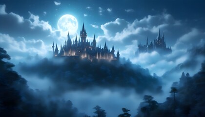 mystical moonlit forest with an enchanted fantasy castle and glowing towers surrounded by ethereal f