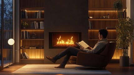 Leinwandbilder - A man sits comfortably in an armchair, reading a book beside a glowing fireplace in a contemporary living room. Warm lights and a plant create an inviting atmosphere for relaxation.