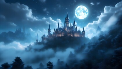 Wall Mural - Mystical moonlit forest with an enchanted fantasy castle and glowing towers surrounded by ethereal fog