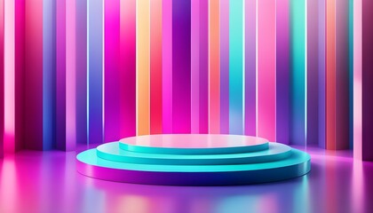 Wall Mural - Vibrant abstract background with circular platform showcasing neon lights, perfect for product displays and modern presentations