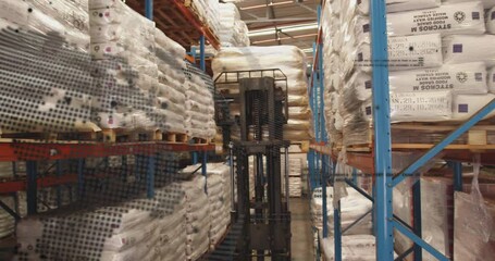 Poster - Animation of globe and data processing over worker using lift truck in warehouse