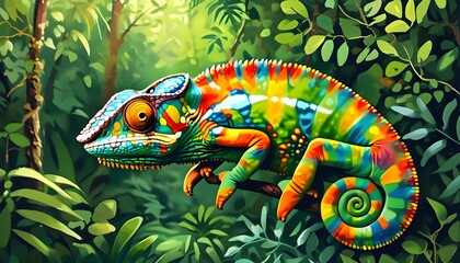 Wall Mural - Vibrant chameleon navigating through a lush green forest