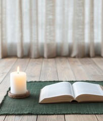 Poster - Ramadan Evening Study Desk with Lantern-lit Open Books and Candle, Copy Space for Text