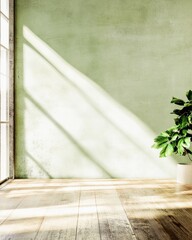 Aufkleber - Minimalist Indoor Space Light Green Concrete Wall with Plant Shadows and Wooden Floor - Serene and Fresh Ambiance