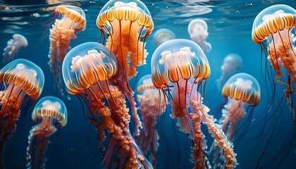 Vibrant jellyfish with flowing, multicolored tentacles gracefully drifting through the ocean currents