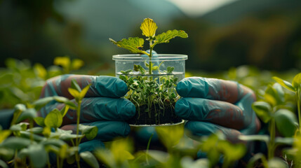 Scientist studying plant seedlings in the field for agricultural innovation and sustainable growth.