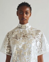 Aufkleber - Portrait of a Woman in Holographic Silver Dress with Intricate Patterns Against a Minimalist Light Background