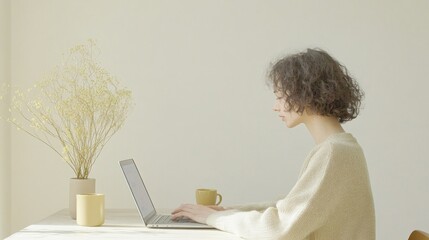 Poster - East Asian Woman Working on Laptop at Stylish Home Office Desk with Plants in Minimalist Morning Setting, Highlighting Productivity