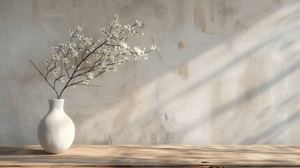 Wall Mural - White flowers in a white vase on a wooden table with a textured wall background.